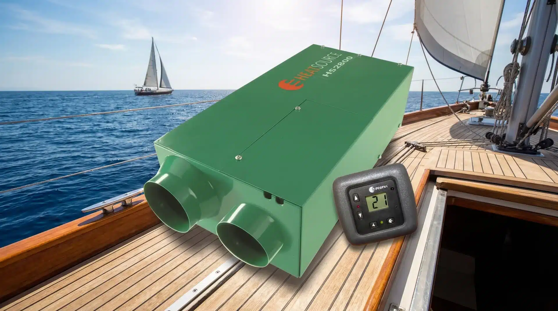 Propex Heatsource HS2800 2.8kW marine LPG air heater and digital thermostat shown on a boat deck