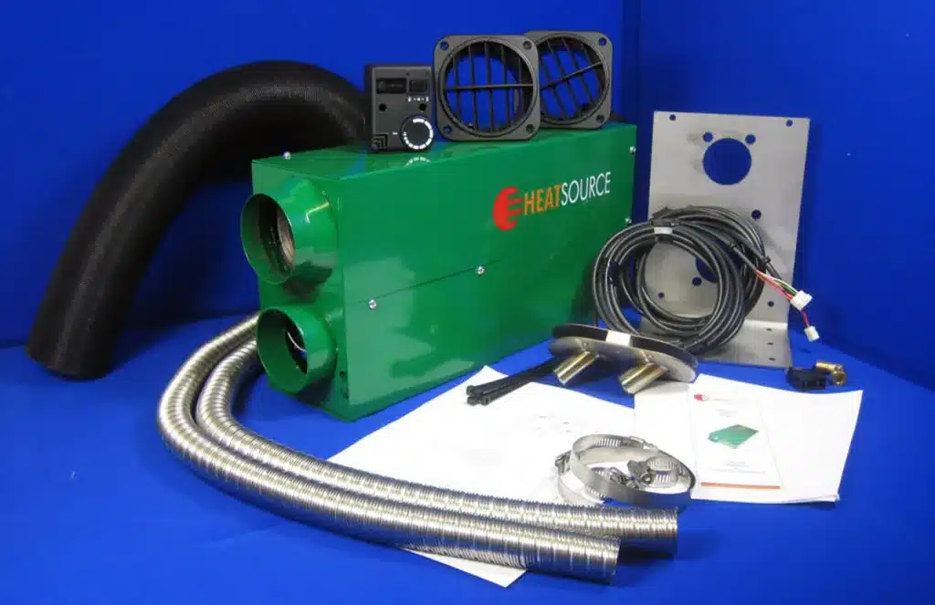 Complete installation kit components for the Propex HS2800 marine LPG heater, showing the heater unit, ducting, vents, stainless steel exhaust, wiring loom, and thermostat.