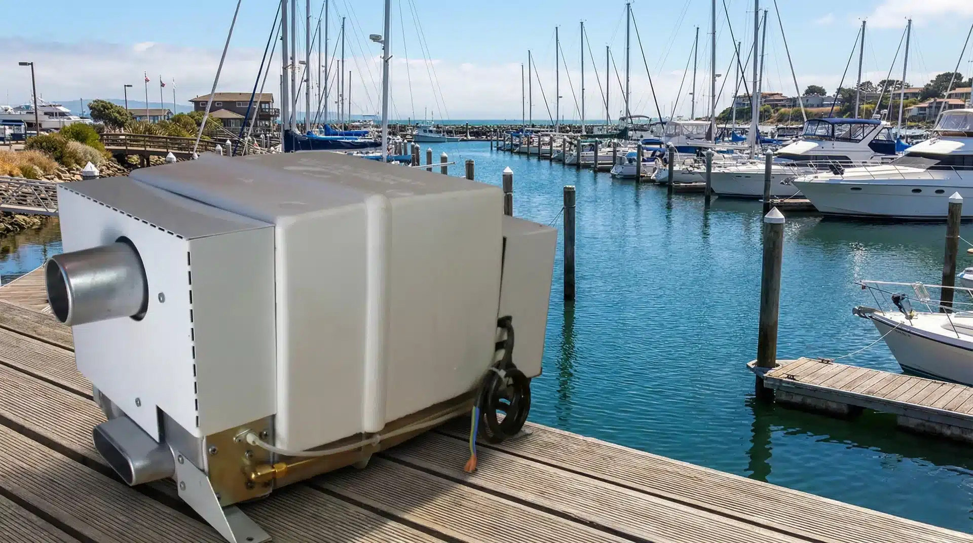 Propex Malaga 5 13-litre LPG gas and electric water heater for boats, pictured at a marina.