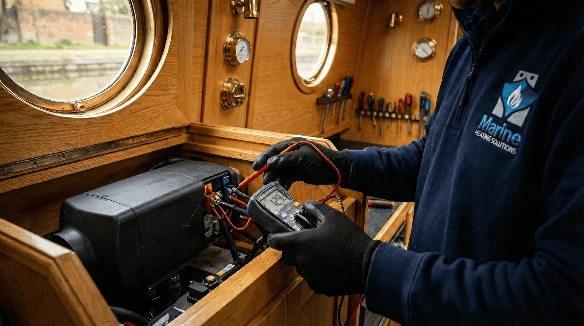 A qualified marine heating engineer from Marine Heating Solutions using a multimeter to test a diesel heater inside a narrowboat on the UK inland waterways.
