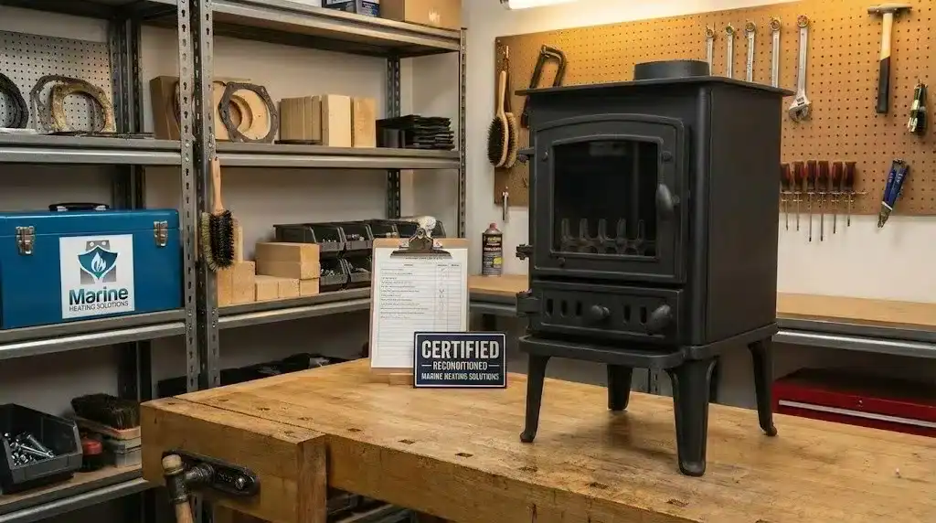 Certified reconditioned boat stove in the Marine Heating Solutions workshop.
