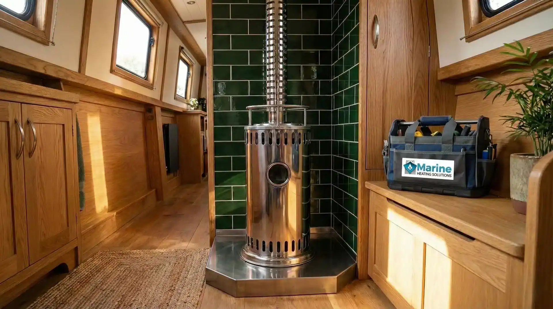 Refleks 2000 stainless steel diesel boat stove with viewing window and hotplate installed in a narrowboat with a green tiled hearth and a Marine Heating Solutions tool bag.