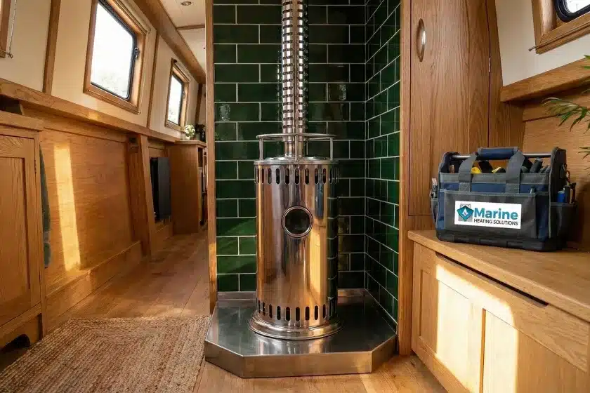 Refleks 2000 stainless steel diesel boat stove with viewing window and hotplate installed in a narrowboat with a green tiled hearth and a Marine Heating Solutions tool bag.