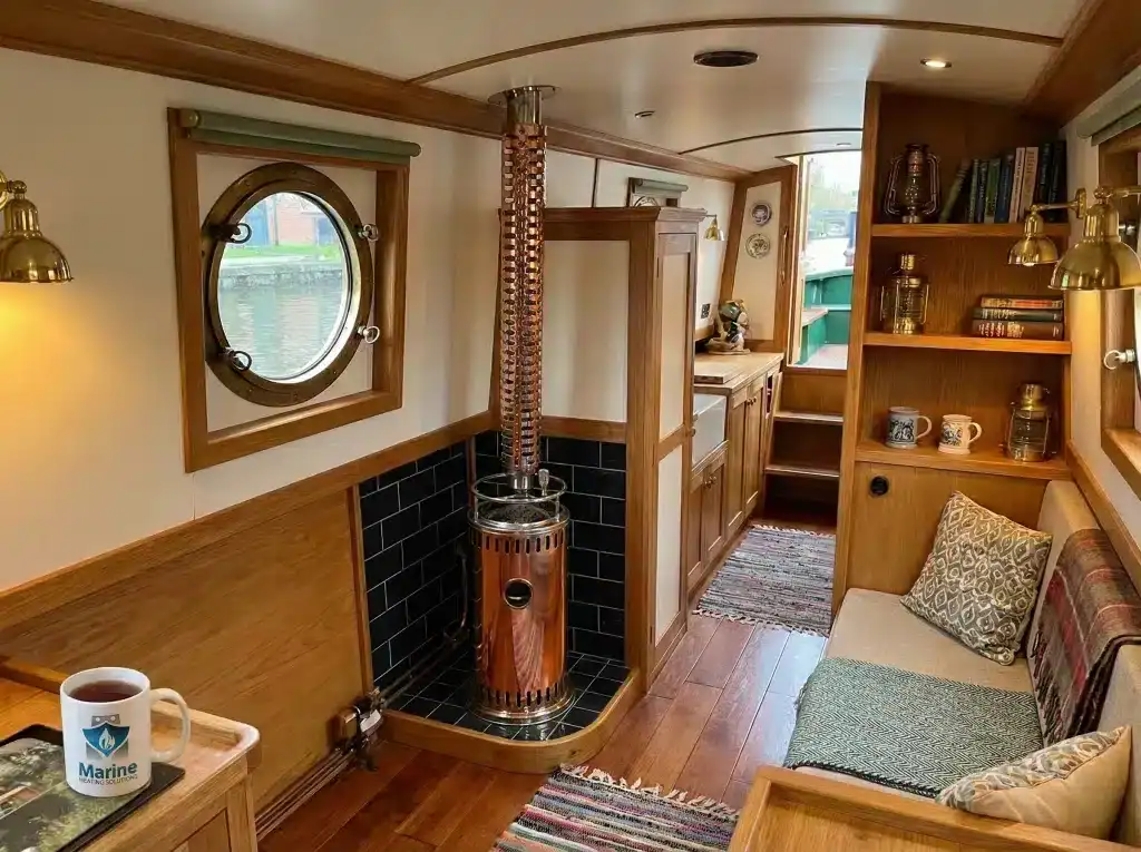 Refleks 2000 diesel stove with a copper body and matching copper-wrapped flue installed in a narrowboat with black tiled hearth and a Marine Heating Solutions mug