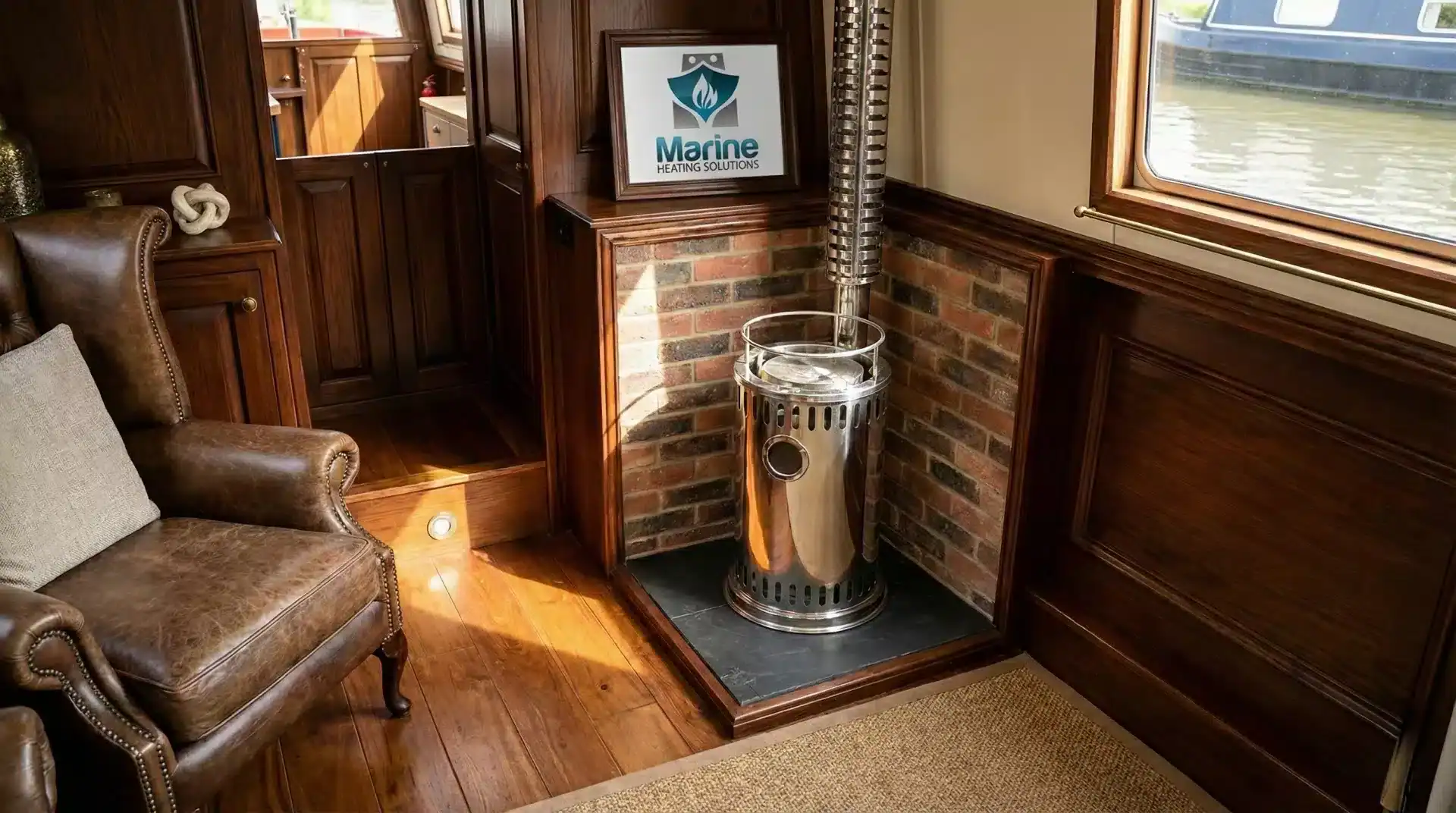 A Refleks 60M diesel boat stove installed in a traditional narrowboat interior with a brick-lined hearth, wood paneling, and a picture frame featuring the Marine Heating Solutions logo.