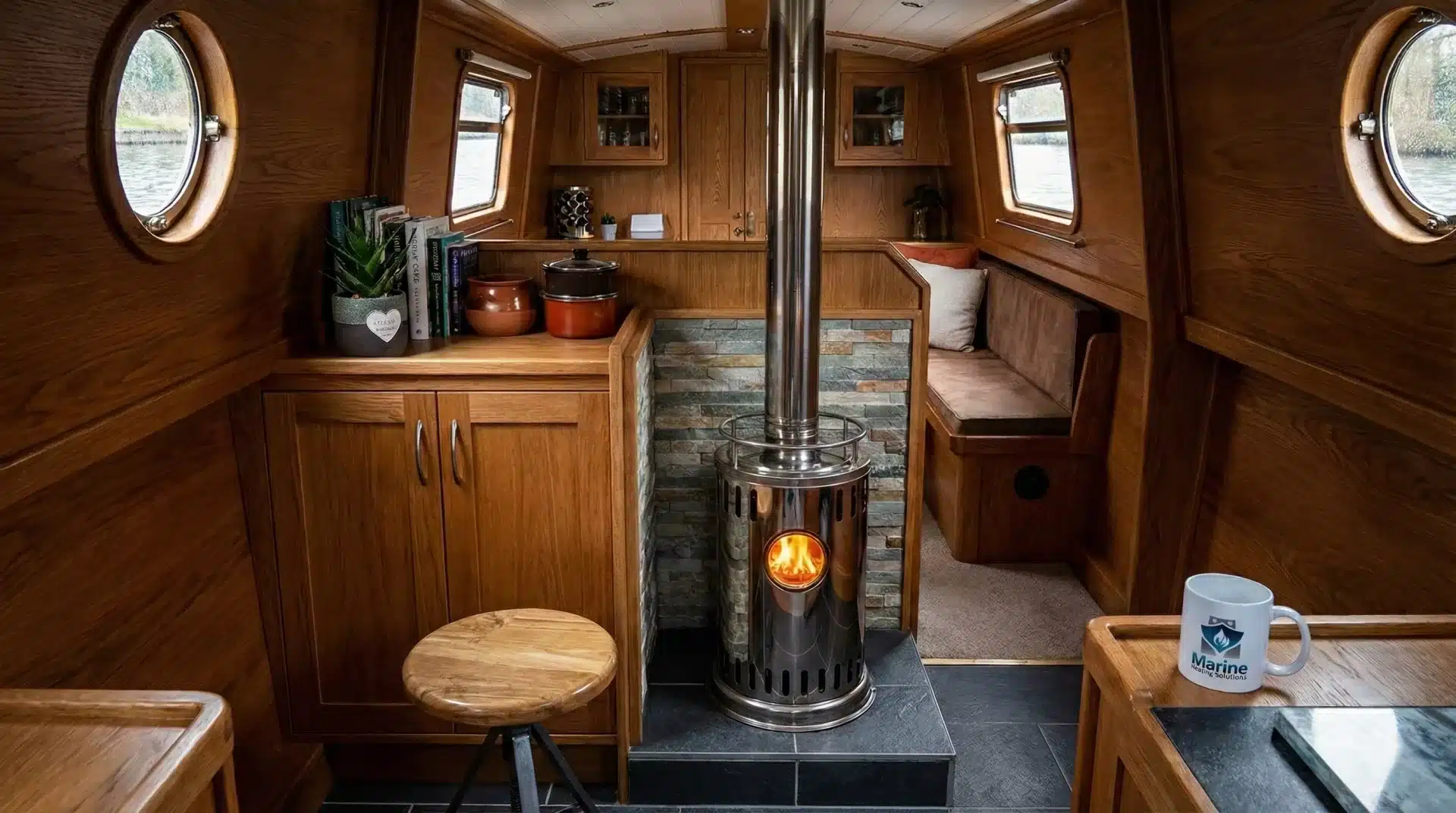 Stainless steel Refleks 62M diesel stove with a single-skin flue installed in a narrowboat interior, featuring a Marine Heating Solutions branded mug.