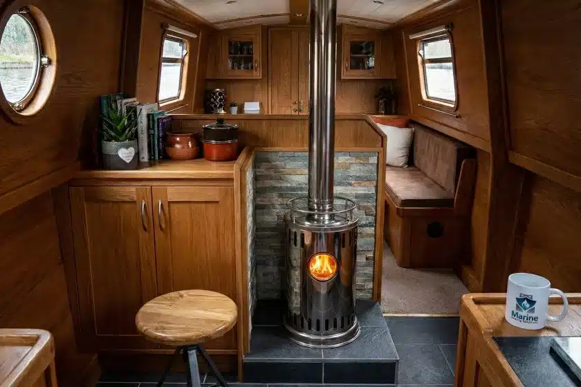 Stainless steel Refleks 62M diesel stove with a single-skin flue installed in a narrowboat interior, featuring a Marine Heating Solutions branded mug.
