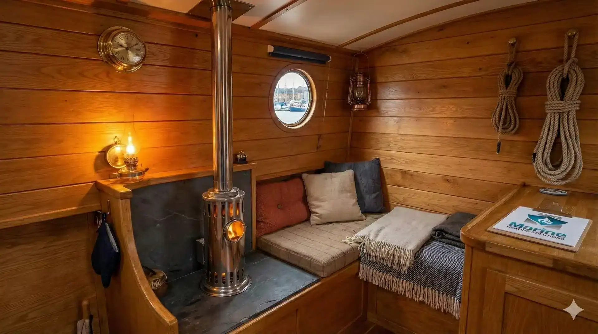 A stainless steel Refleks 66M diesel boat stove installed in a cozy, wood-paneled boat cabin, featuring a clipboard with the Marine Heating Solutions logo on a wooden sideboard.