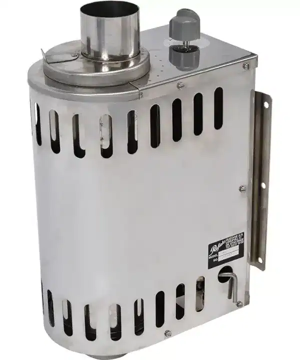 Close-up of a stainless steel Refleks 66MW bulkhead-mounted diesel stove showing the flue exit, control knob, and mounting brackets against a white background.