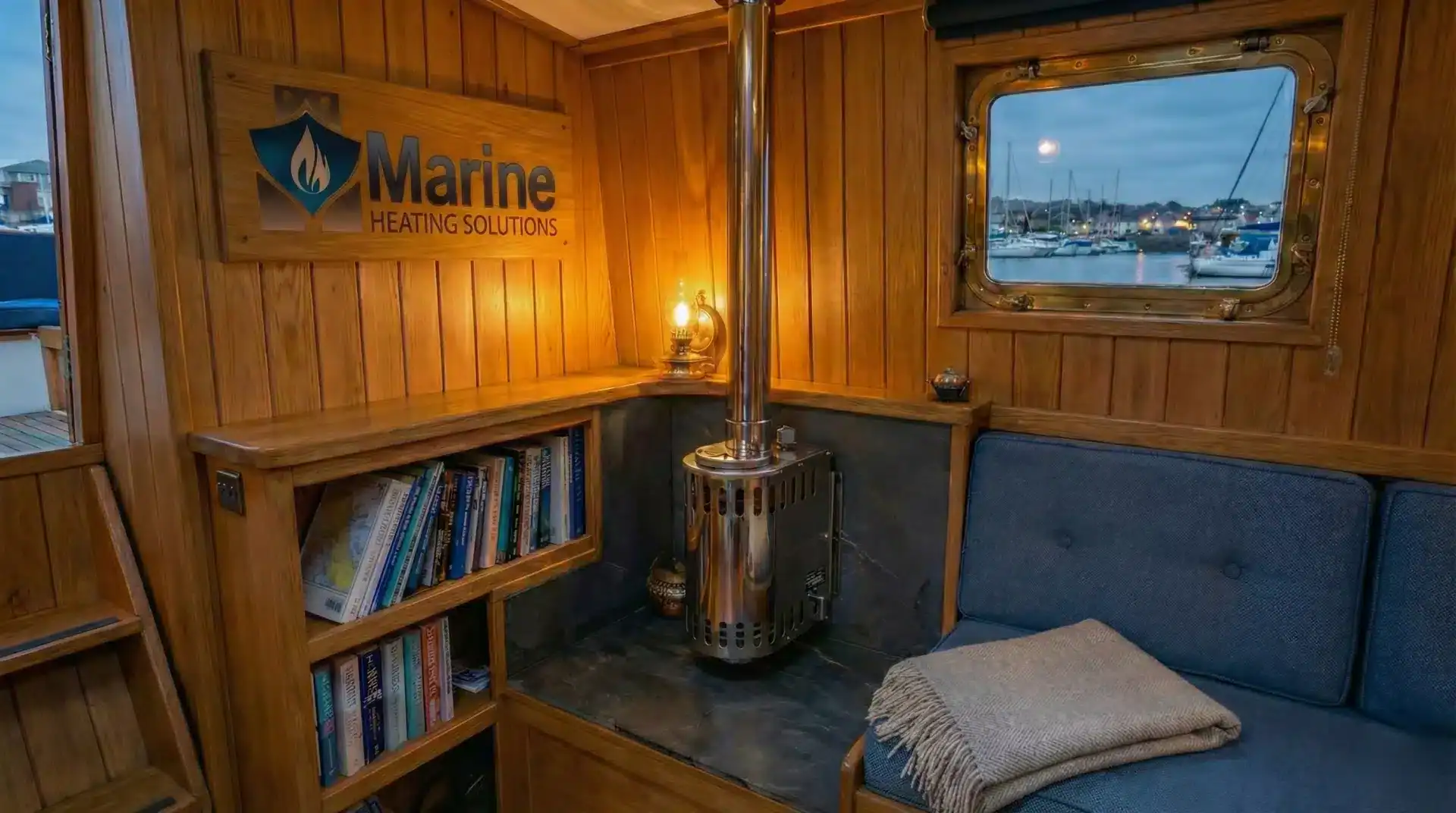 A wall-mounted Refleks 66MW diesel stove in a wood-paneled boat cabin with a Marine Heating Solutions logo board.