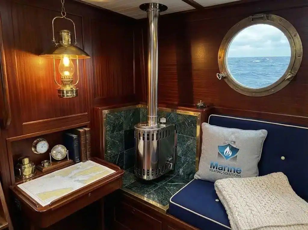A Refleks 66MW bulkhead-mounted diesel stove installed in a classic wood-paneled boat cabin, featuring a grey cushion embroidered with the Marine Heating Solutions logo on a blue seat next to a porthole.