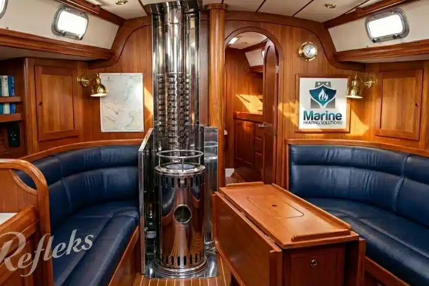 Interior of a boat cabin featuring a Refleks diesel stove in a stainless steel finish, providing off-grid heating.