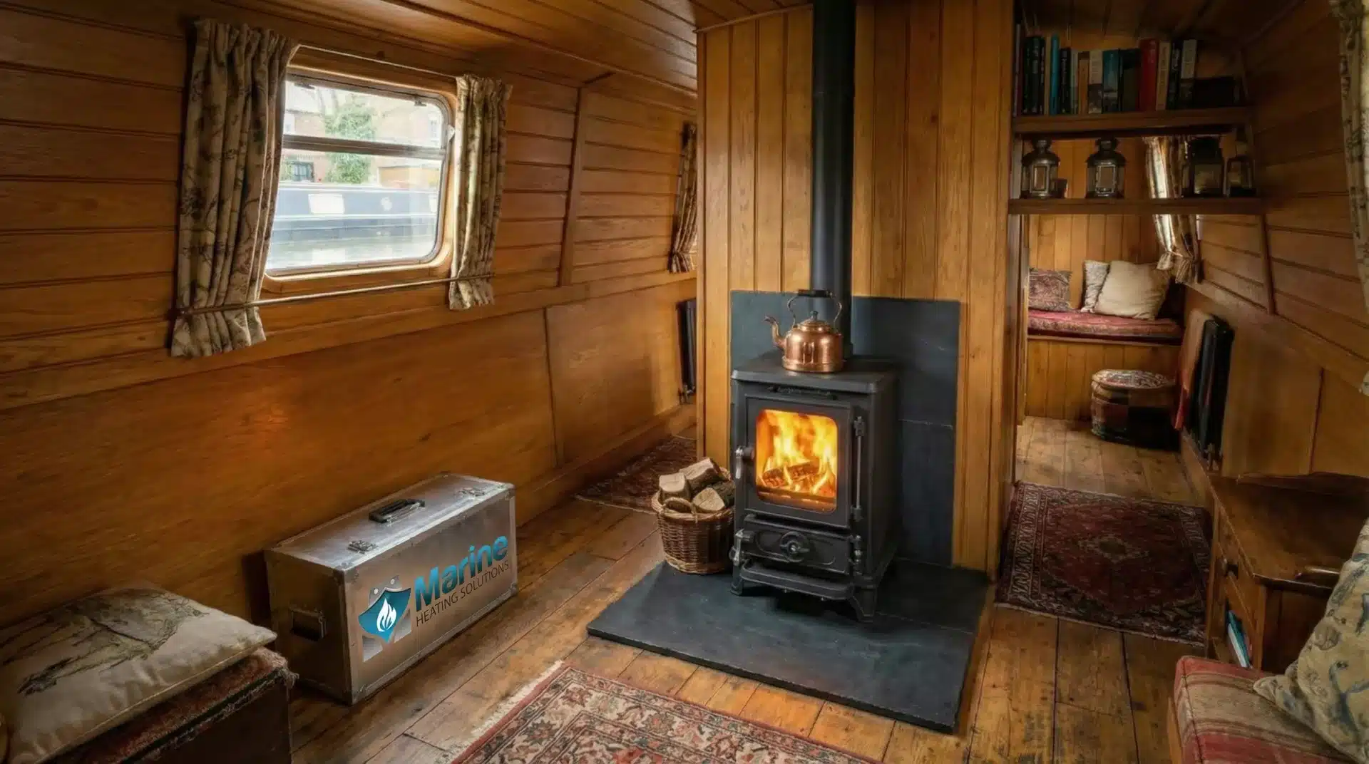 Alt Text: A professionally installed Salamander Hobbit multi-fuel stove burning brightly in a cozy, wood-paneled narrowboat cabin, featuring a Marine Heating Solutions service toolbox.