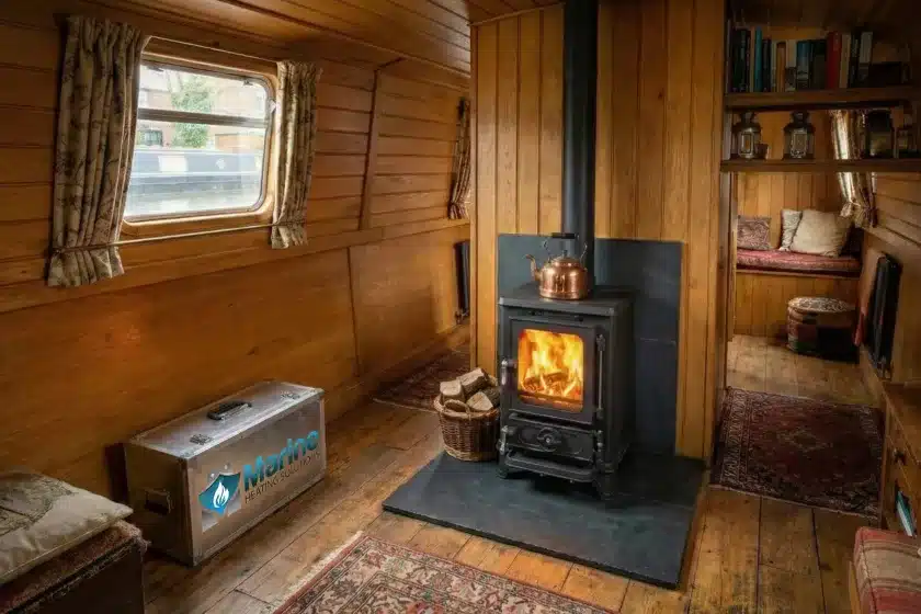 Alt Text: A professionally installed Salamander Hobbit multi-fuel stove burning brightly in a cozy, wood-paneled narrowboat cabin, featuring a Marine Heating Solutions service toolbox.