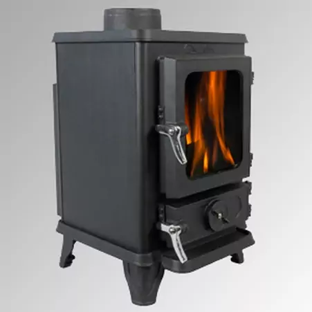 A side profile view of the Salamander Hobbit multi-fuel stove, a compact cast-iron burner designed for narrowboats and small spaces.