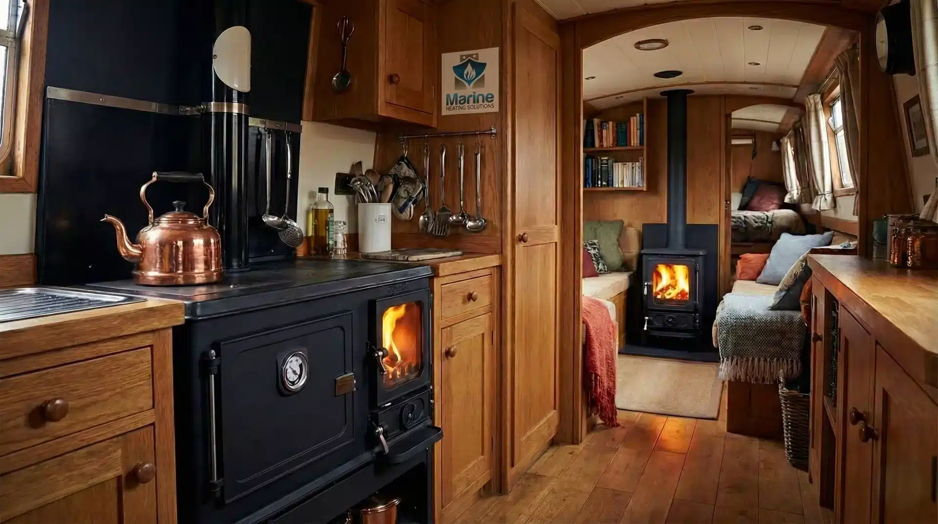 A cozy narrowboat interior featuring a Salamander Little Range multi-fuel cooker in the galley foreground and a Salamander Hobbit stove in the lounge background.