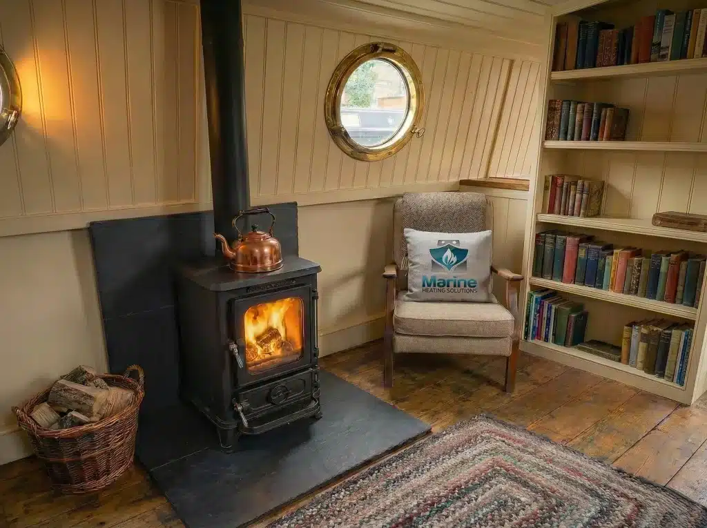 A cozy narrowboat interior featuring a lit Salamander Hobbit stove, a Marine Heating Solutions branded toolbox on the floor, and a gray cushion with the company logo on a wooden armchair.