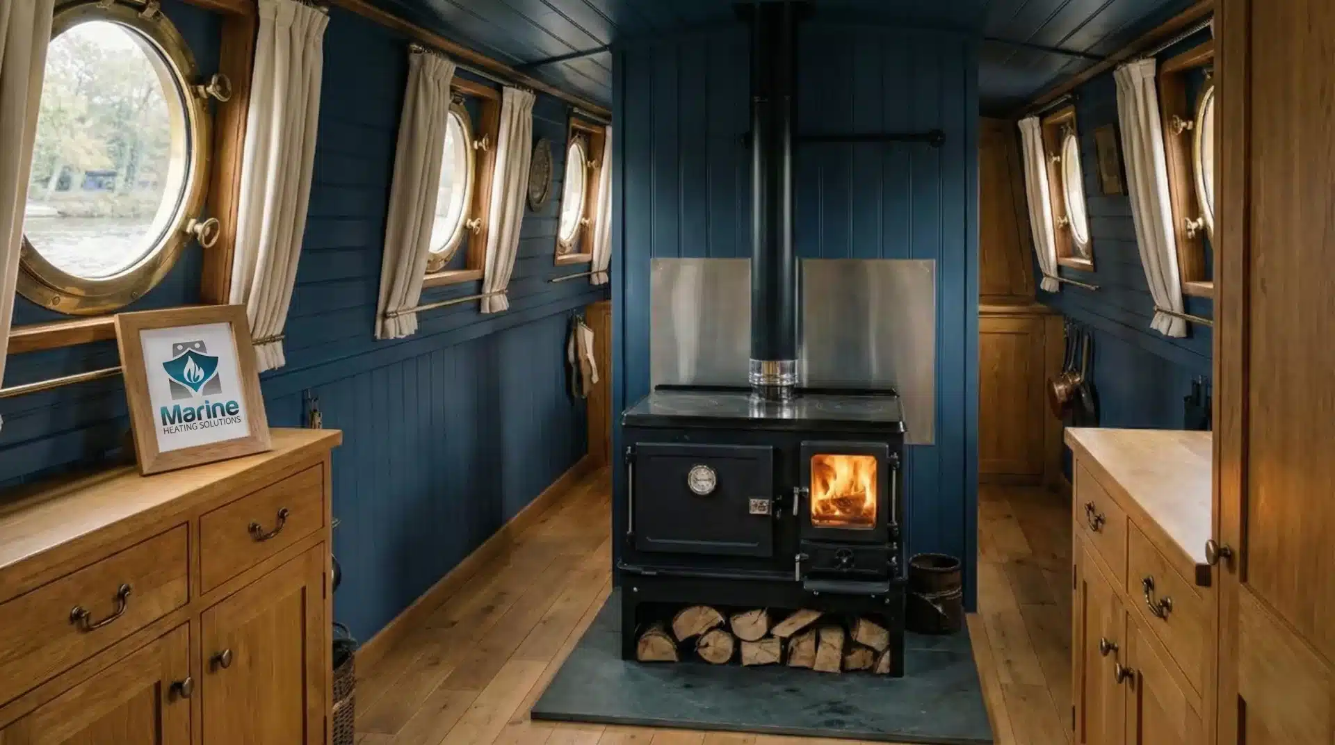 Salamander Little Range multi-fuel cooking stove installed in a blue narrowboat cabin with a Marine Heating Solutions logo in a picture frame.