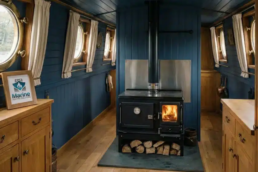 Salamander Little Range multi-fuel cooking stove installed in a blue narrowboat cabin with a Marine Heating Solutions logo in a picture frame.