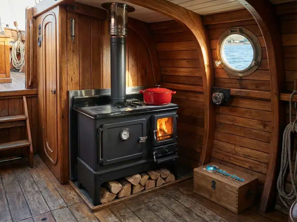 Salamander Little Range Stove installed in a wooden boat galley with a weathered Marine Heating Solutions toolbox on the floor.