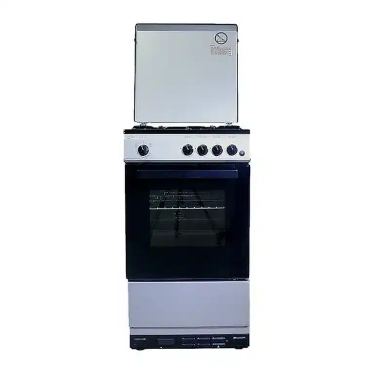 Front view of a silver Statesman Legacy 50 freestanding LPG cooker with the lid raised, showing the four-burner hob and white control knobs.