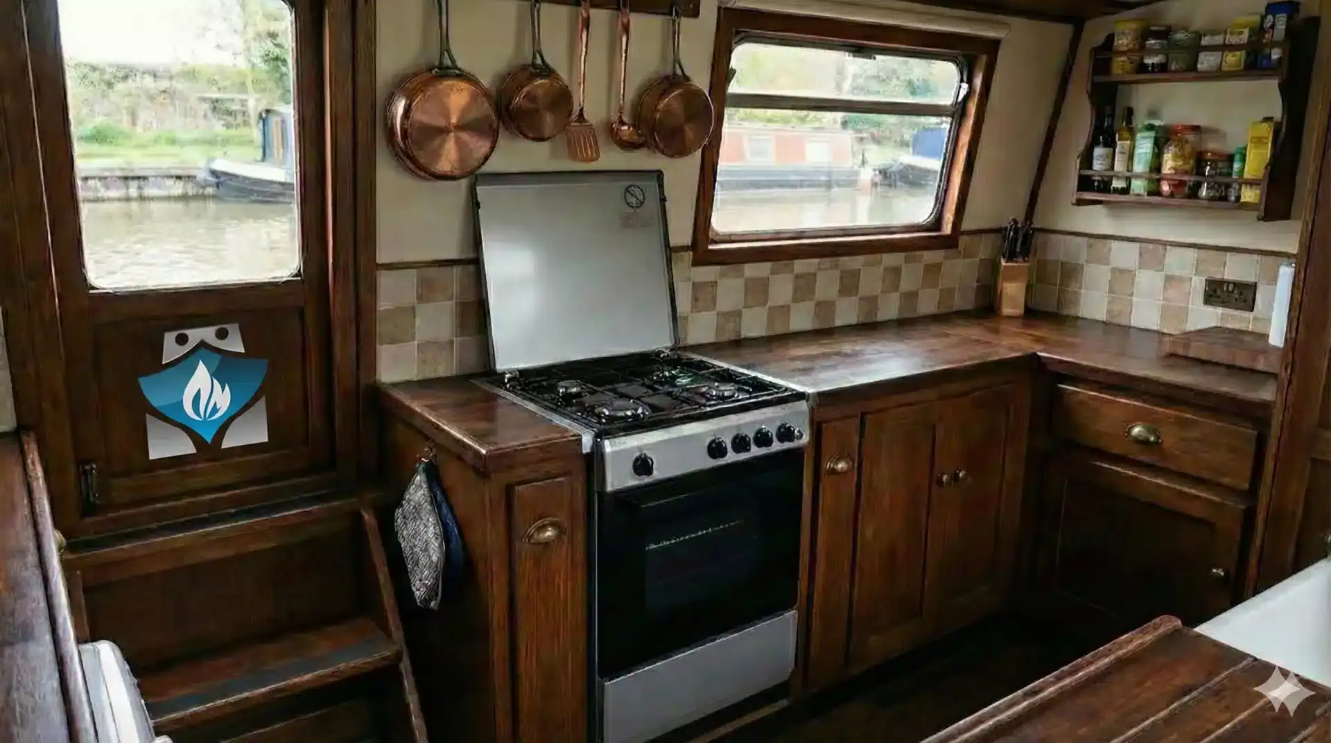 Statesman Legacy 50LPG silver freestanding cooker with 4 burners and drop-down lid installed in a traditional boat galley.