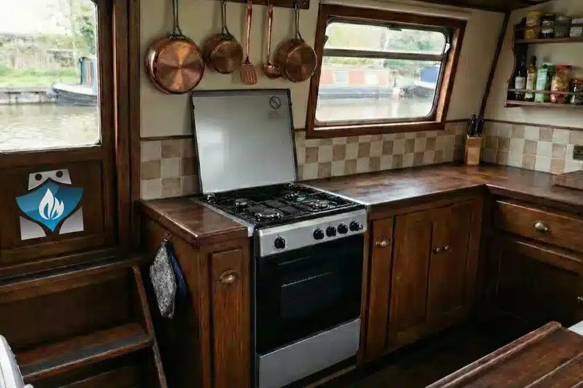 Statesman Legacy 50LPG silver freestanding cooker with 4 burners and drop-down lid installed in a traditional boat galley.