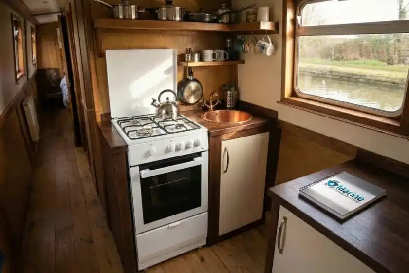 Statesman Legacy 50LPG gas cooker in white installed in a compact narrowboat galley kitchen.