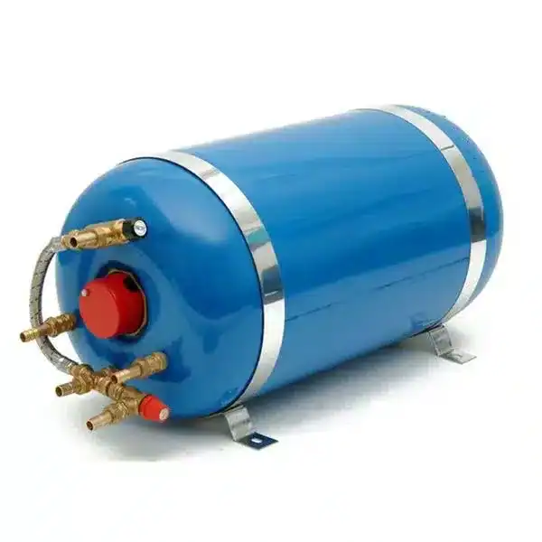 Horizontal 40 litre Surejust SureCal marine calorifier with copper coils and polyurethane insulation jacket.