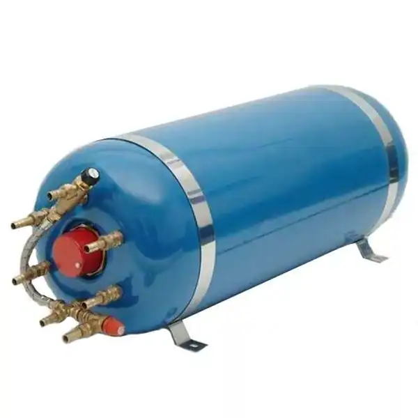 Horizontal 55 litre Surejust SureCal marine calorifier with 100% copper construction and polyurethane insulation for 24-hour heat retention.