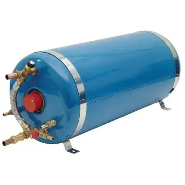 Horizontal 75 litre Surejust SureCal marine calorifier with copper coils, thermostatic mixer valve, and immersion heater.