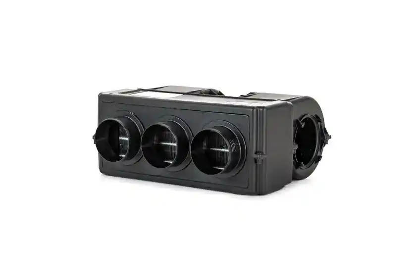 Front-side view of a Kalori Tenere Performa 3D60 Heater Matrix showing the three 60mm air outlet sleeves and internal heating core.