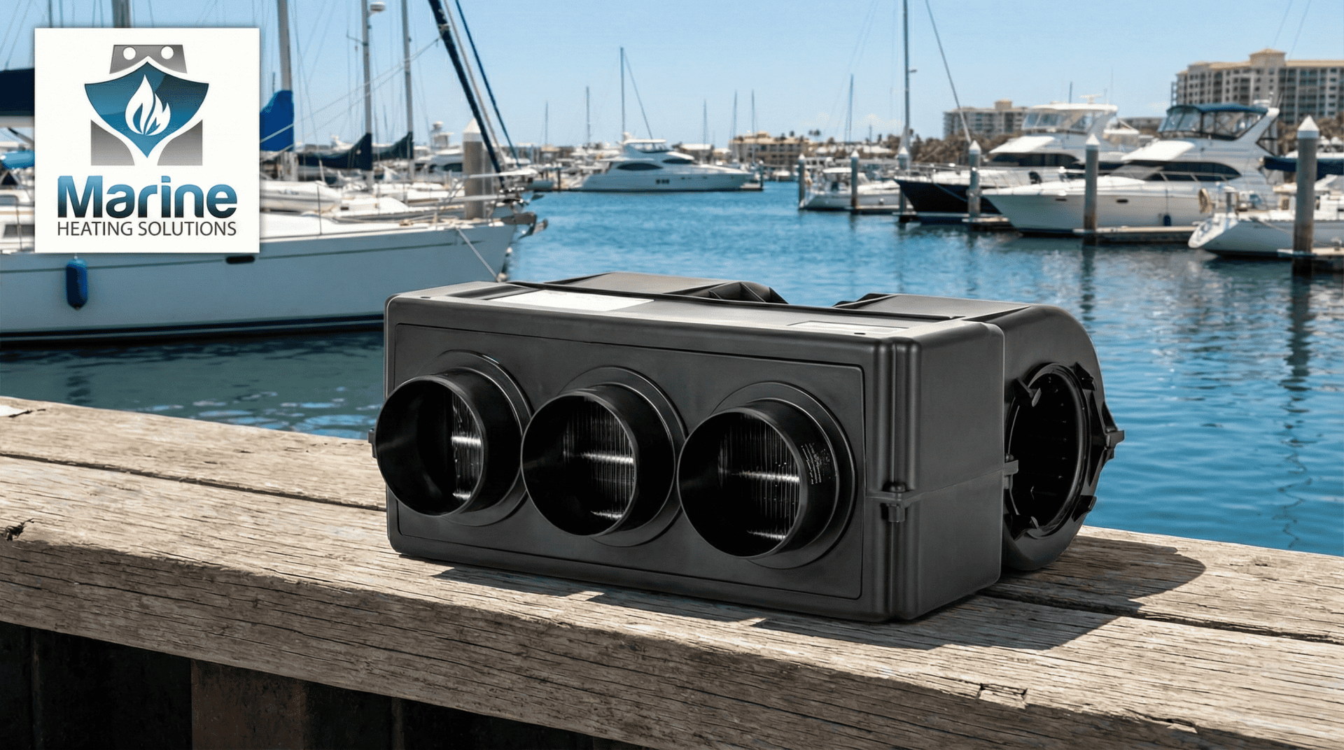 Tenere Performa 3D60 heater matrix with three 60mm outlets for ducted boat heating, displayed against a marina background with the Marine Heating Solutions logo.