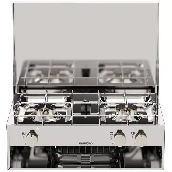 Thetford stainless steel 2-burner LPG hotplate and integrated grill with a fold-down lid for narrowboat and yacht galleys.