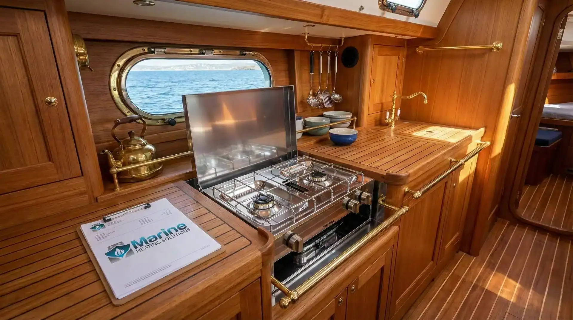 Thetford 2 Burner LPG Hotplate and Grill installed in a wooden sailboat galley with Marine Heating Solutions logo and Gas Safe clipboard.