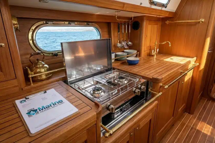 Thetford 2 Burner LPG Hotplate and Grill installed in a wooden sailboat galley with Marine Heating Solutions logo and Gas Safe clipboard.