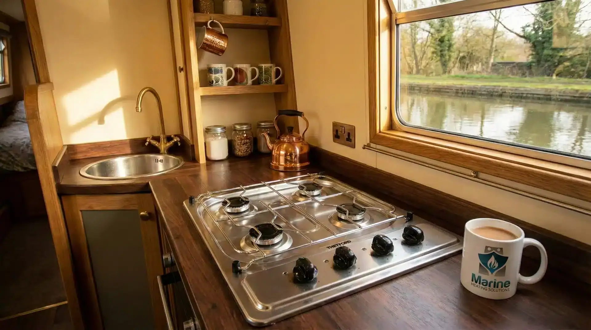 Thetford 8 Series 4-burner stainless steel LPG hob installed in a narrowboat kitchen next to a Marine Heating Solutions branded mug.
