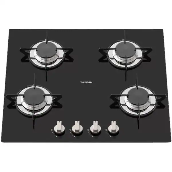 Top-down view of a Thetford 9 Series 4-burner LPG hob featuring a black tempered glass surface and four silver matt nickel control knobs.