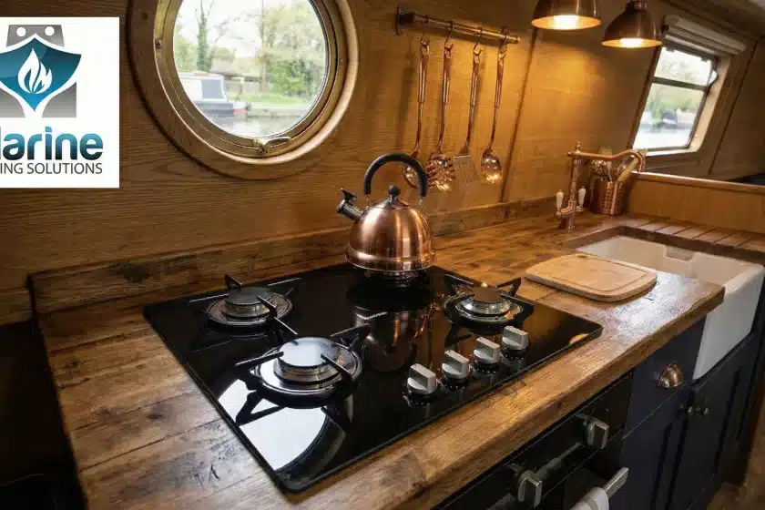 A Thetford 9 Series 4-burner black glass LPG hob installed in a wooden boat galley next to a Marine Heating Solutions logo.