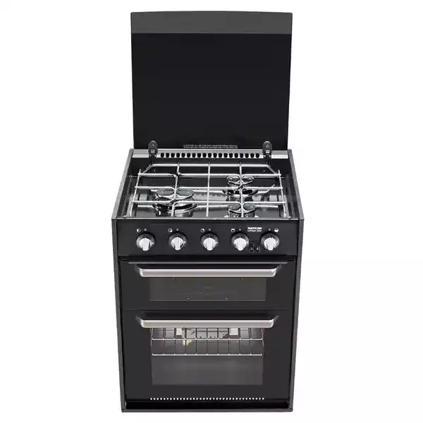Thetford Caprice MK3 all-in-one LPG cooker with a 4-burner hob, integrated oven, grill, and black glass shut-off lid for boat galleys.