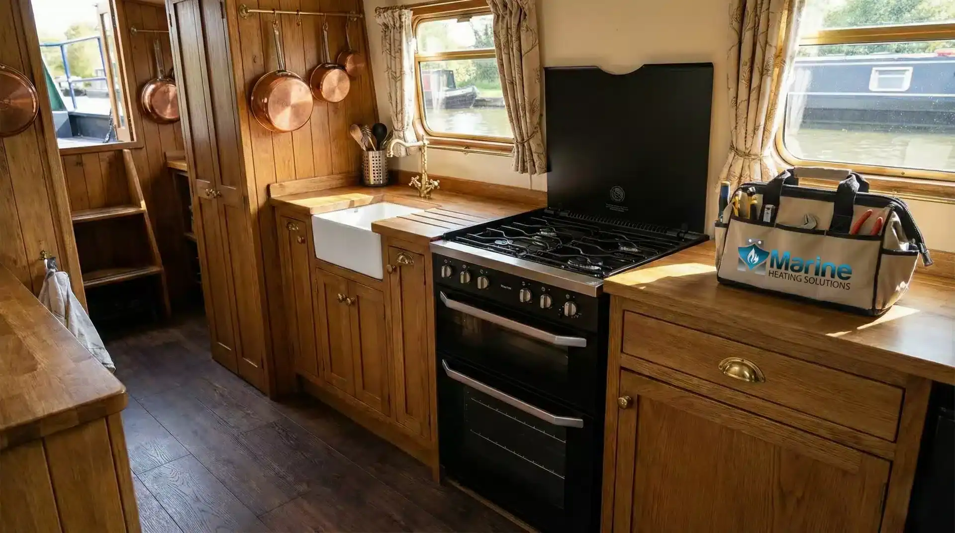 A Thetford Cocina 56L LPG cooker installed in a narrowboat kitchen with a Marine Heating Solutions tool bag on the counter.