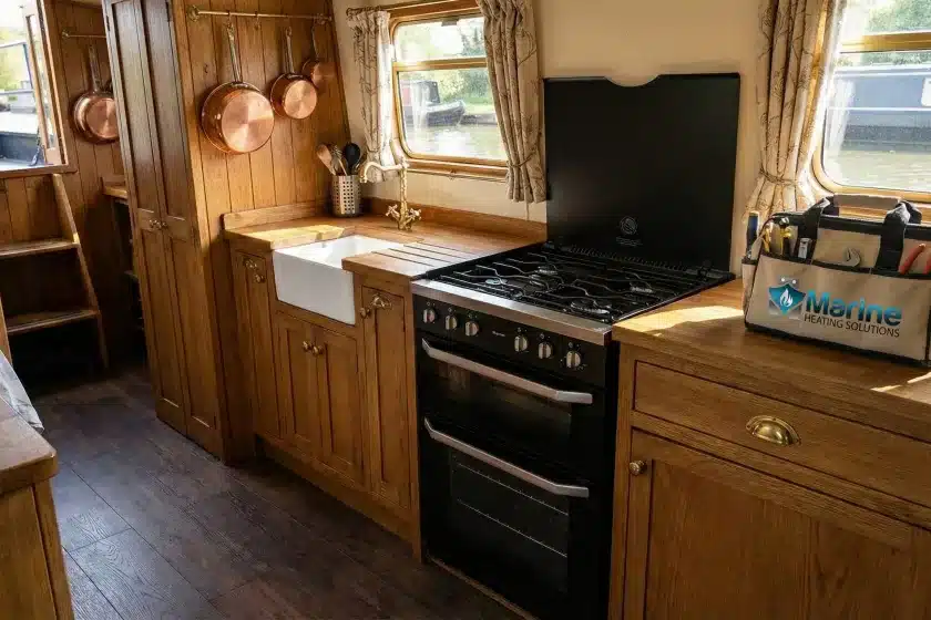 A Thetford Cocina 56L LPG cooker installed in a narrowboat kitchen with a Marine Heating Solutions tool bag on the counter.