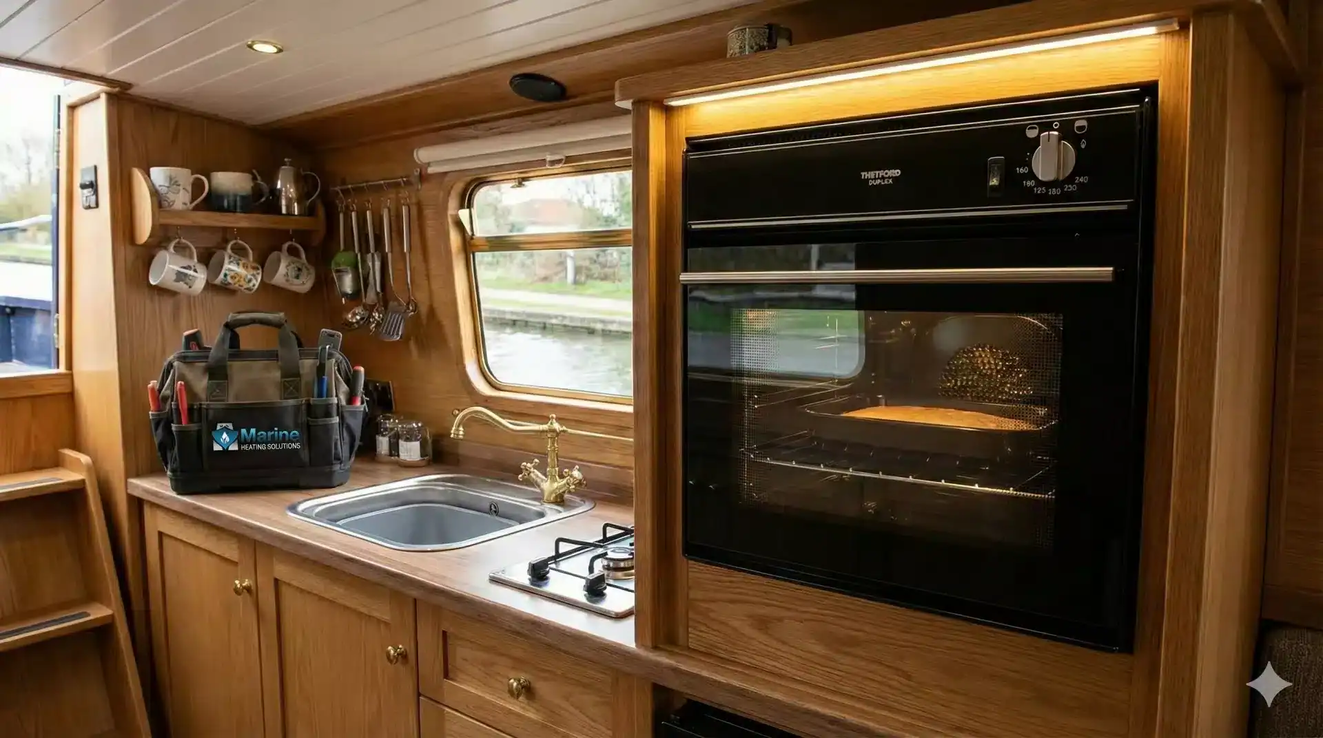 Thetford Duplex LPG oven and grill installed in a wooden narrowboat kitchen with a Marine Heating Solutions tool bag visible on the worktop.