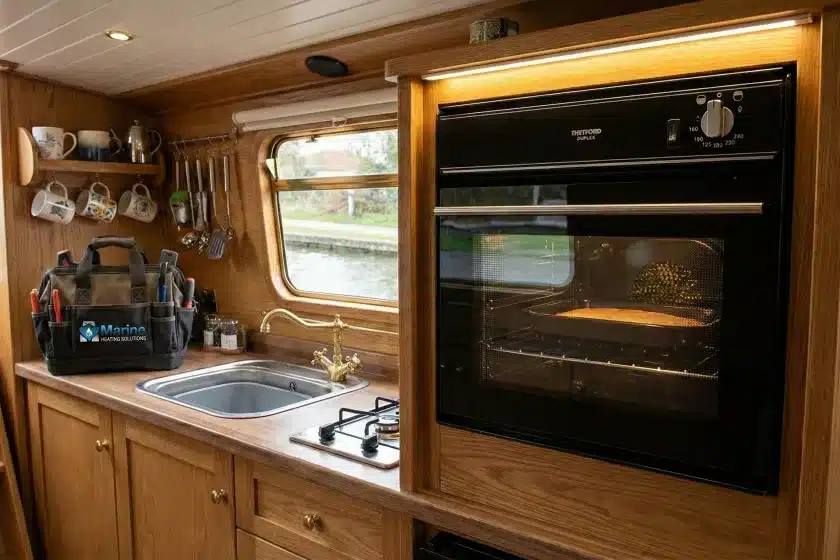 Thetford Duplex LPG oven and grill installed in a wooden narrowboat kitchen with a Marine Heating Solutions tool bag visible on the worktop.