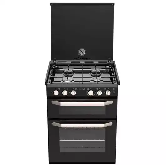 Thetford K1520 all-in-one black LPG gas cooker featuring a 4-burner hob, a 37-litre oven, and a 19-litre grill for yachts and narrowboats.