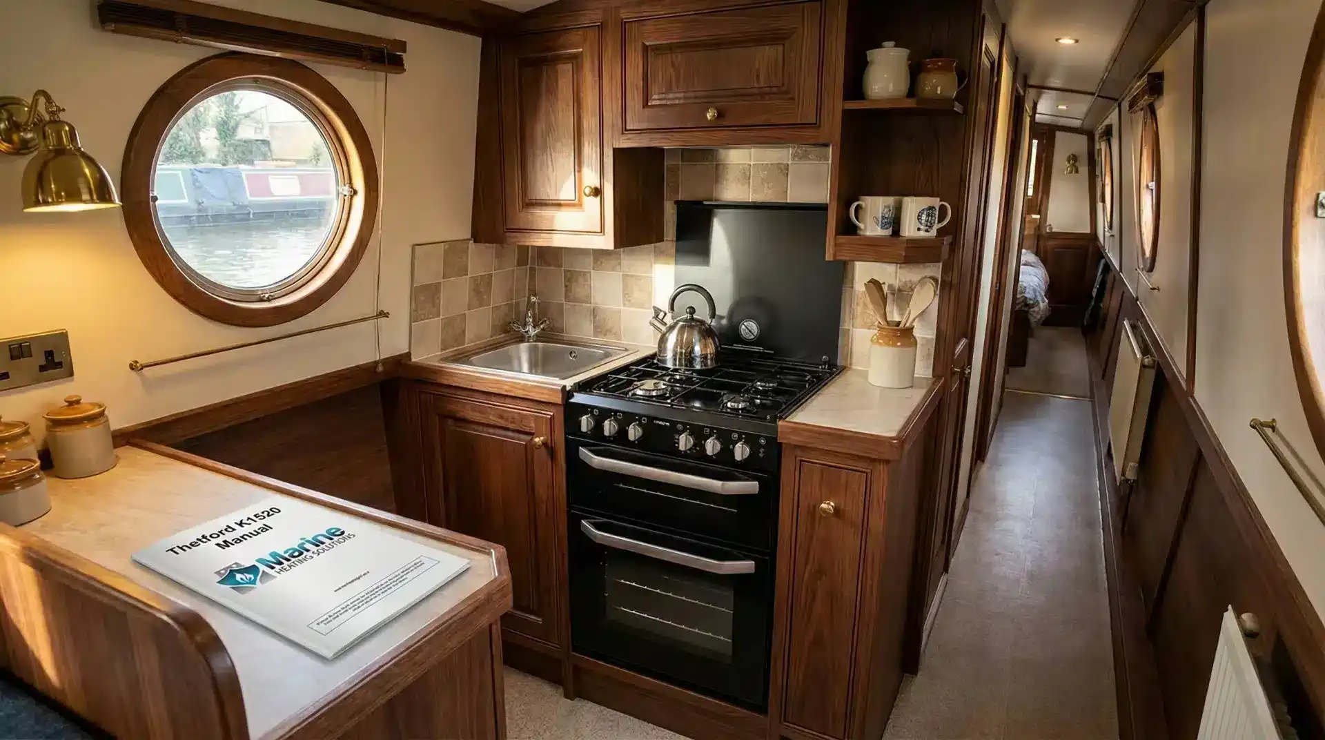 Thetford K1520 4-burner LPG gas cooker installed in a narrowboat kitchen with a Marine Heating Solutions manual on the countertop.