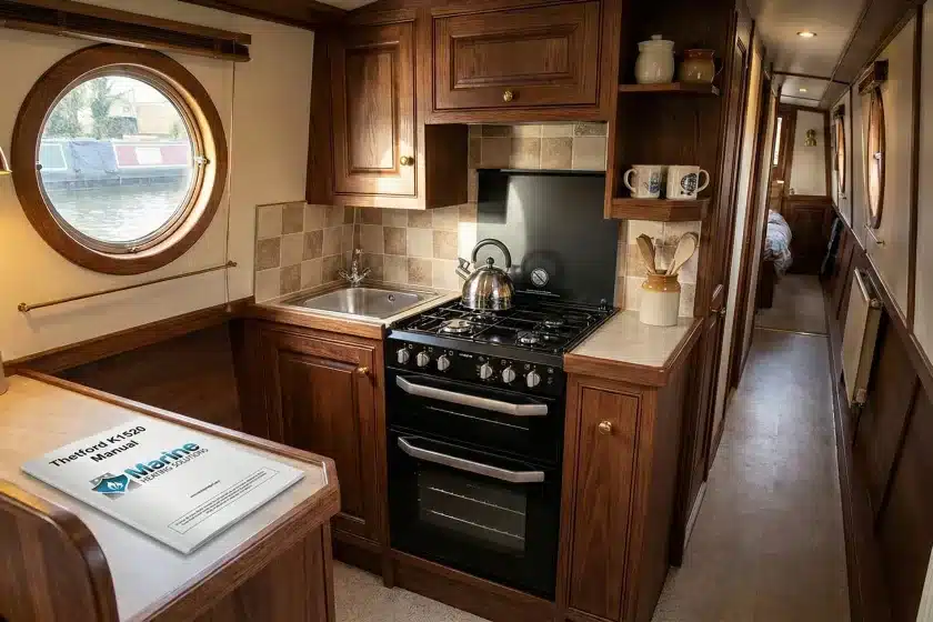Thetford K1520 4-burner LPG gas cooker installed in a narrowboat kitchen with a Marine Heating Solutions manual on the countertop.