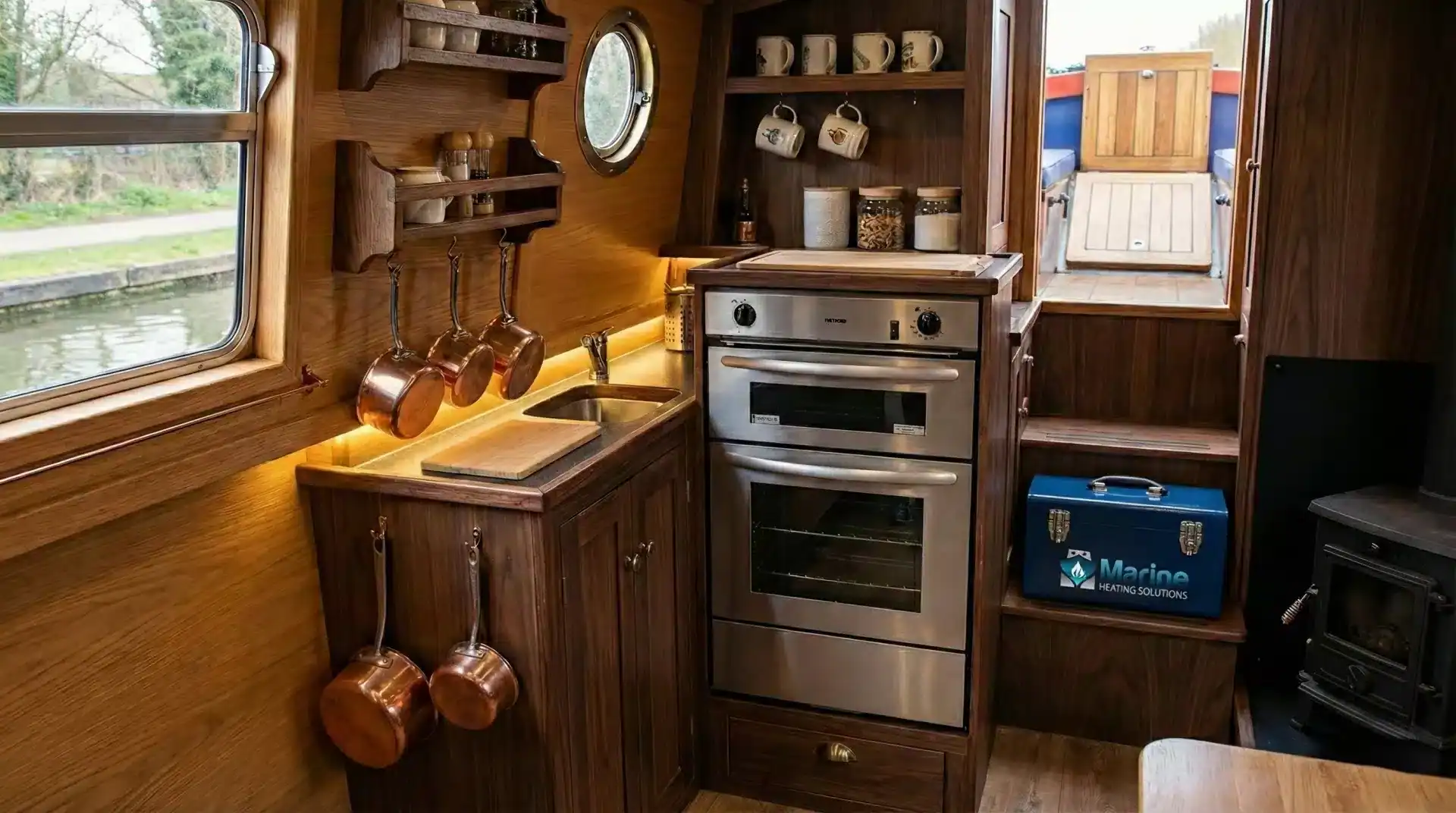A Thetford Midi Prima 7200 stainless steel LPG oven and grill installed in a modern narrowboat kitchen with a Marine Heating Solutions toolbox on the steps.