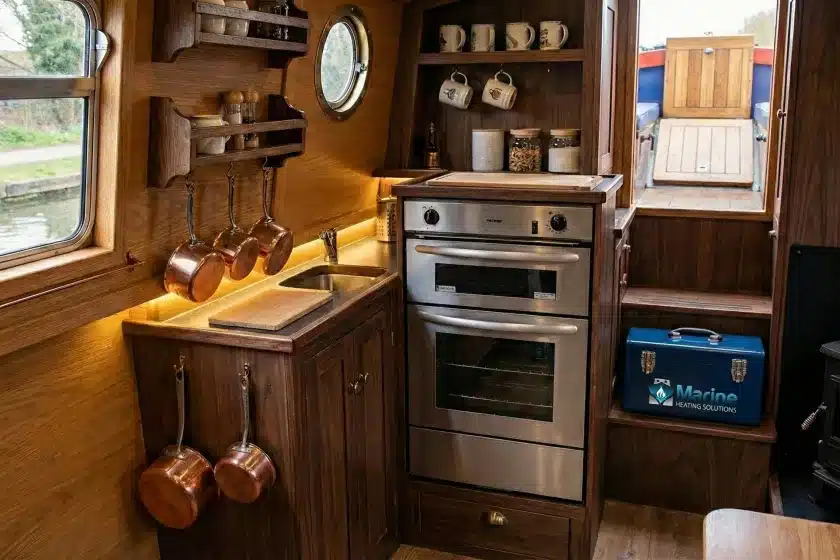 A Thetford Midi Prima 7200 stainless steel LPG oven and grill installed in a modern narrowboat kitchen with a Marine Heating Solutions toolbox on the steps.