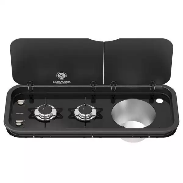 Thetford Topline 111 combination unit with a 2-burner LPG hob, integrated right-hand stainless steel sink, and black tempered glass lids for boats.